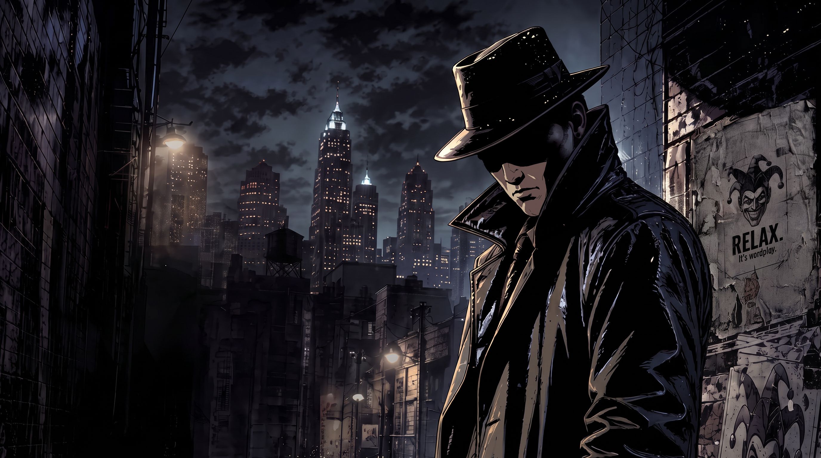 Noir comic illustration of a man in a rain-soaked fedora and trench coat in a city alley at night, beside a poster reading “The truth is optional.”